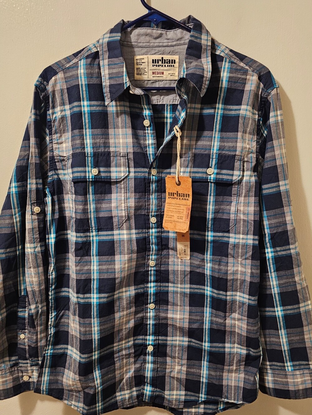 Urban Pipeline Shirt  Blue Plaid Long Sleeve Button Down Casual Men's Size M NWT